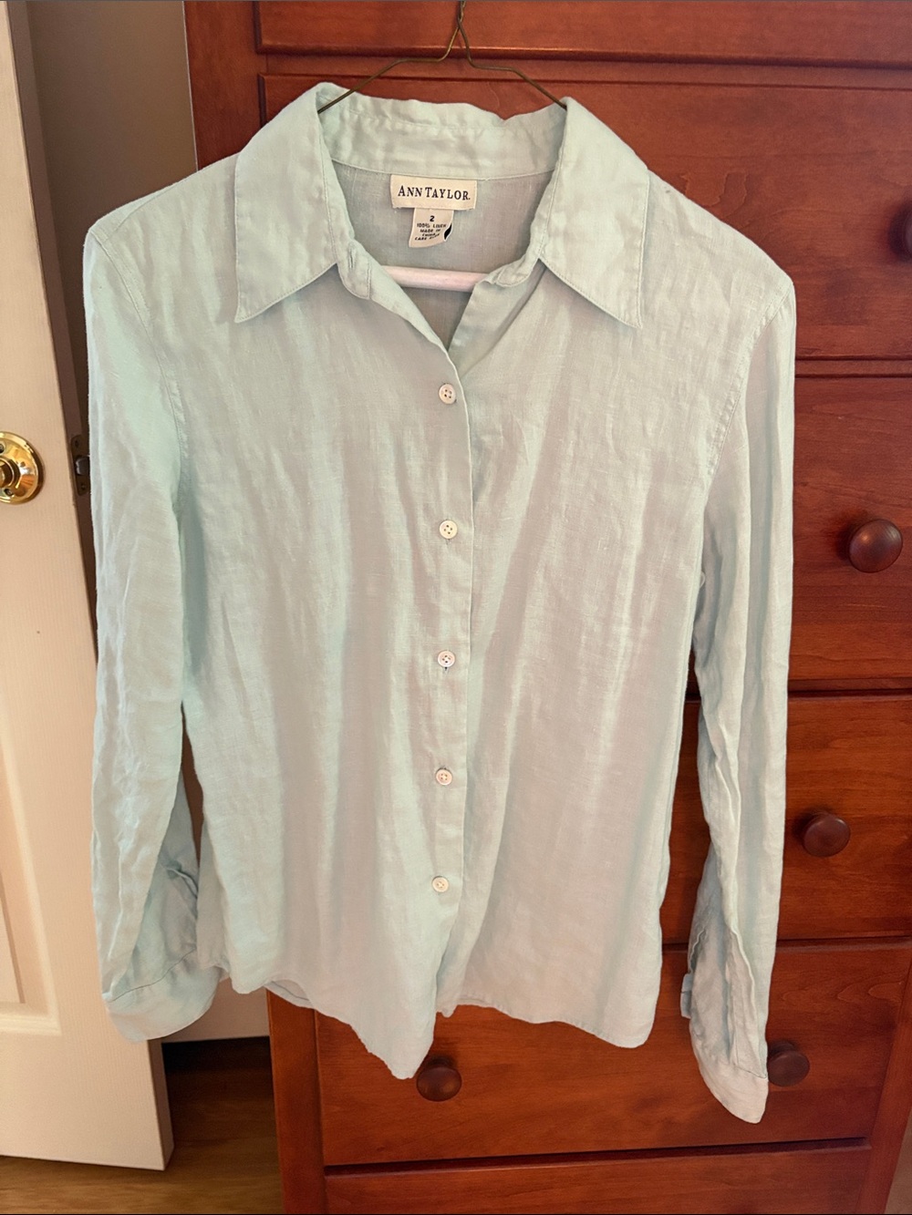 Ann Taylor Pale Aqua Linen Button-Down Shirt (mint color)